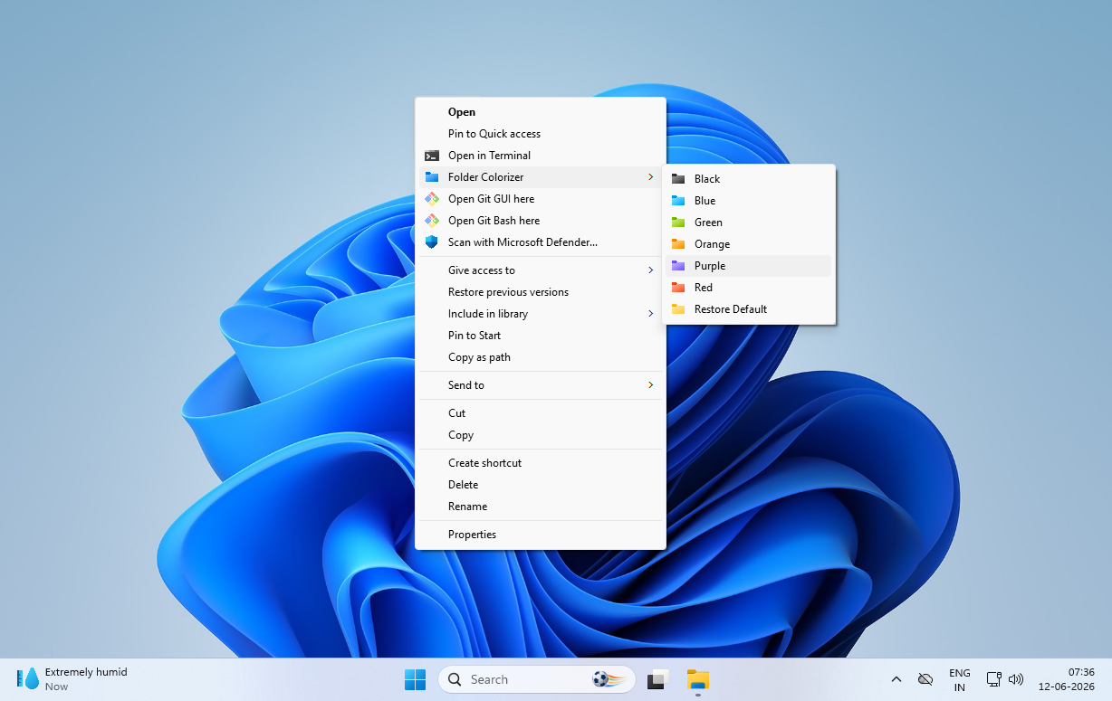 Right-click context menu showing Folder Colorizer submenu